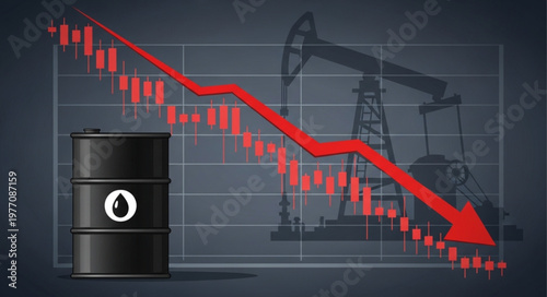Oil price crash graph with barrel and pumpjack illustration.