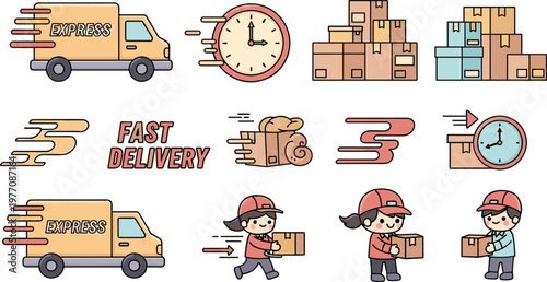 Fast Delivery and Express Shipping Kawaii Icons Set Featuring Delivery Trucks, Packages, Time, and Delivery Personnel for E-commerce, Logistics, and Speedy Shipping Designs.