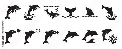 Collection of black dolphin silhouettes in various playful poses, including jumping, swimming, and interacting with water elements, presented as simple graphic icons