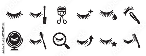 Collection of various black eyelash icons and beauty tools, including mascara, curler, mirror, and magnifying glass, presented in a clean, graphic style