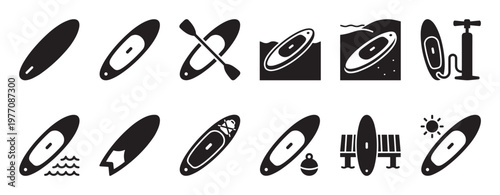 Collection of black and white paddleboard and surfboard icons, illustrating various water sports activities and equipment in a clean, graphic style