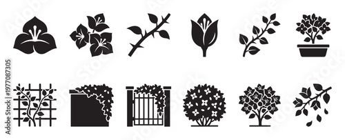 Various black silhouette floral and garden elements including flowers, thorny branches, potted plants, and trellises in a clean, graphic style