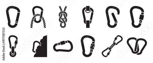 Collection of black silhouette climbing and safety equipment icons, including various carabiners, ropes, and knots, presented as vector illustrations
