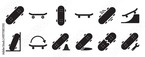 Comprehensive set of black skateboard icons in various poses, including a broken board, a ramp, and a wrench, presented as simple graphic elements
