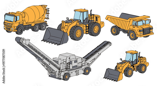 Construction vehicles vector illustration set of heavy machinery for building and mining industry