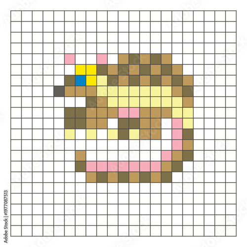 A flat pixel design made of geometric square color blocks on a clean grid layout. Pixel art pangolin