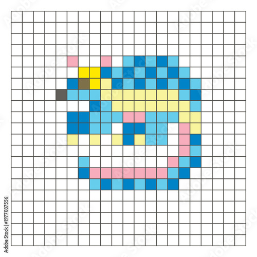 A flat pixel design made of geometric square color blocks on a clean grid layout. Pixel art pangolin