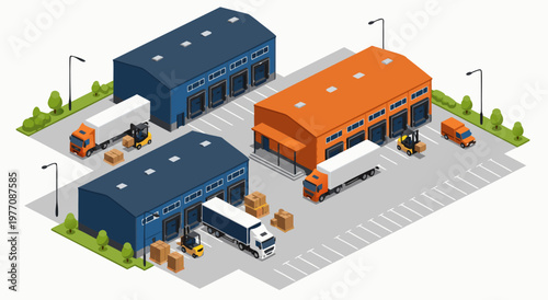 Isometric vector illustration of a logistics warehouse with trucks and forklifts, business transportation and delivery concept