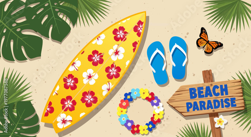 Bright vector illustration of a Hawaiian surfboard with hibiscus flowers, flip-flops, and a beach paradise sign on the sand with tropical leaves and a butterfly