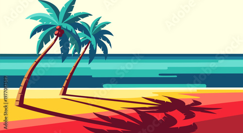 Vibrant vector illustration of a serene tropical beach scene with palm trees casting long shadows on the sand