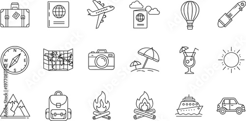 Minimalist Black and White Travel and Adventure Icons Set Featuring Luggage, Airplane, Passport, Compass, Camera, Mountains, Beach, and Cruise for Vacation and Holiday Designs.