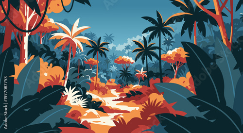Vibrant Tropical Jungle Landscape Vector Illustration with Lush Foliage and Palm Trees