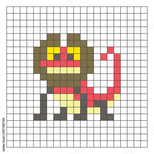 A flat pixel design made of geometric square color blocks on a clean grid layout. Pixel art frilled-neck lizard