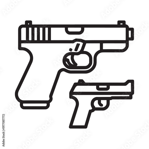 Line art illustration depicting two different handgun designs in black