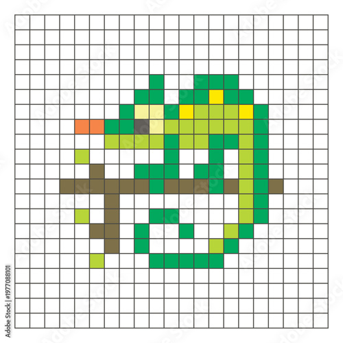 A flat pixel design made of geometric square color blocks on a clean grid layout. Pixel art chameleon