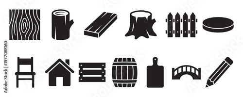 Collection of various simple black silhouette icons representing different wooden objects and related items, presented in a clean, graphic style