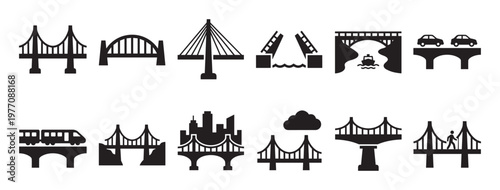 Collection of diverse black bridge icons illustrating various architectural styles and transportation methods in a clean, graphic design