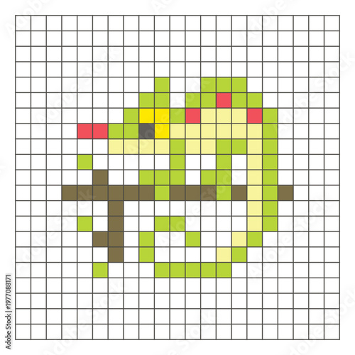 A flat pixel design made of geometric square color blocks on a clean grid layout. Pixel art chameleon