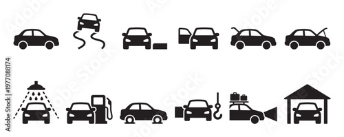 Collection of black car icons depicting various automotive services and situations in a simple graphic style