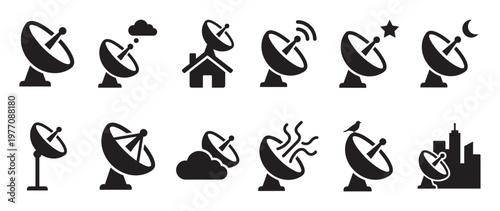 Collection of black satellite dish icons depicting various communication and signal concepts in a clean, modern style