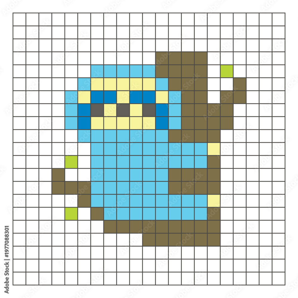 Fototapeta premium A flat pixel design made of geometric square color blocks on a clean grid layout. Pixel art sloth