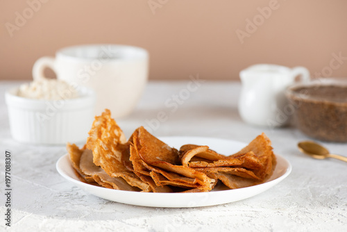 Gluten free crepes with vegan chia caviar. Dairy and sugar free. Healthy plant based breakfast.