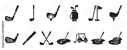 Collection of black golf icons featuring various clubs, balls, bags, flags, and a cart, presented in a clean, graphic style