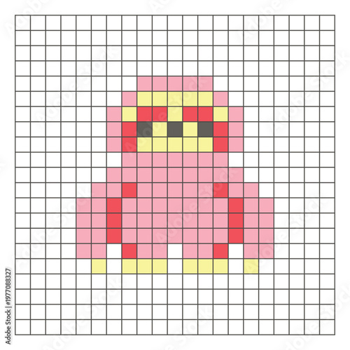 A flat pixel design made of geometric square color blocks on a clean grid layout. Pixel art sloth