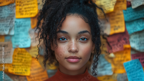 A person surrounded by positive affirmations and inspirational quotes, mental health