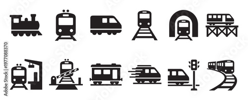 Collection of black train and railway icons illustrating various aspects of rail transportation in a simple, graphic style