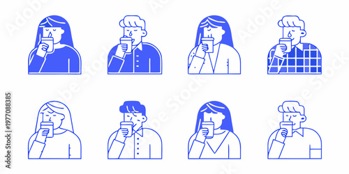 Four pairs of people illustrated in blue each holding a beverage