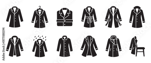 Various black trench coats and raincoats are depicted in a collection of simple, flat vector icons, showcasing different styles and details