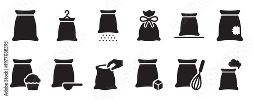 Various black silhouette bags and sacks with different contents and actions, presented as a collection of simple icons
