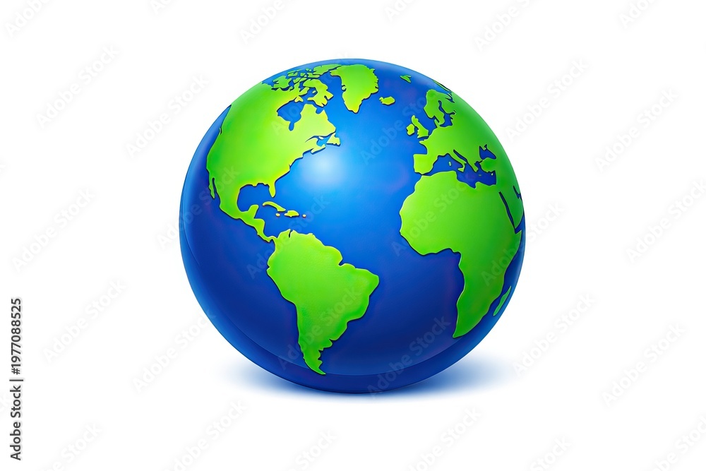 Fototapeta premium Stylized Earth globe icon with green continents and blue oceans, 3D planet sphere on white background, global world map illustration for business