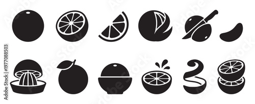 Various black silhouette citrus fruit icons depicting whole, sliced, peeled, and juiced lemons or limes in a graphic style