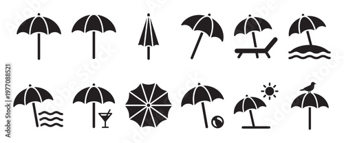 Collection of black beach umbrella icons in various styles, depicting summer holidays and relaxation with simple graphic elements