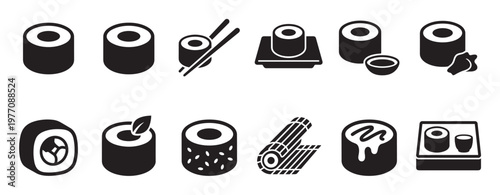 Collection of various stylized sushi and Japanese food icons, presented in a clean black and white graphic style