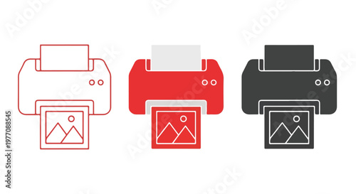 Colorful multi-colored inkjet printer icon with paper and photo printing symbols for office or technology themes