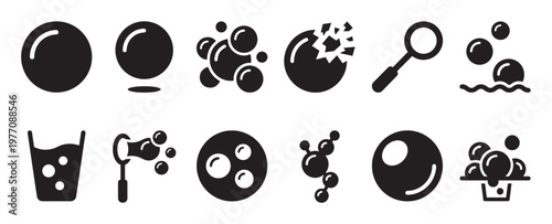 Collection of black and white bubble icons, including single bubbles, clusters, bursting bubbles, and a bubble wand, depicted in a clean, graphic style
