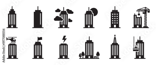 Collection of twelve black silhouette skyscraper icons depicting various urban building scenarios and architectural styles
