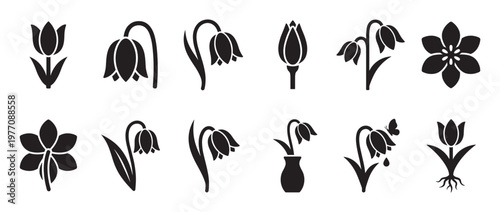 Collection of black silhouette spring flower icons, including tulips, snowdrops, and other blossoms, presented in a clean, graphic style