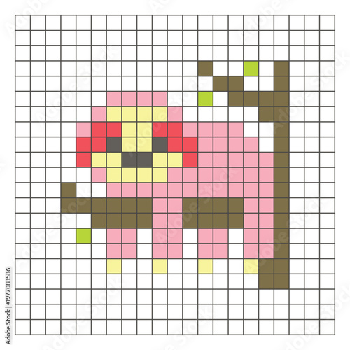 A flat pixel design made of geometric square color blocks on a clean grid layout. Pixel art sloth