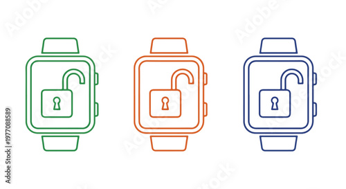 Minimalist line art illustration of a smartwatch with a lock icon on the screen in three different colors on a white