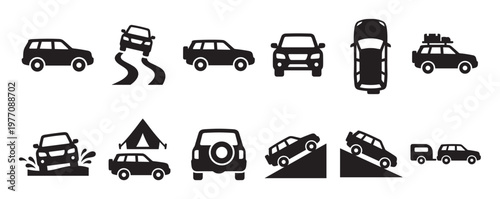 Collection of black SUV car icons depicting various off-road adventures and travel scenarios in a clean, graphic style