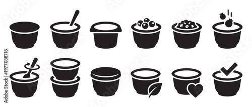 Collection of black and white yogurt cup icons depicting various stages and attributes of the dairy product