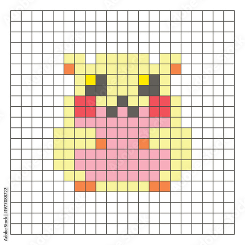 A flat pixel design made of geometric square color blocks on a clean grid layout. Pixel art hamster