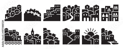 Various black silhouette town and village icons depict charming hillside communities with diverse architectural styles and scenic elements