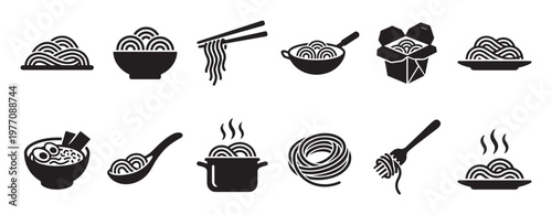 Collection of black silhouette noodle and pasta icons, depicting various dishes and cooking methods in a clean, graphic style