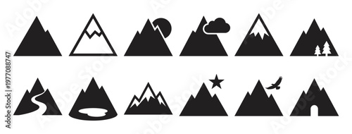 Collection of various black mountain peak icons with different elements like sun, clouds, trees, and a cave, presented in a clean, minimalist style