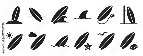 Collection of black surfboard icons representing various beach and surfing activities, including waves, sun, and sand